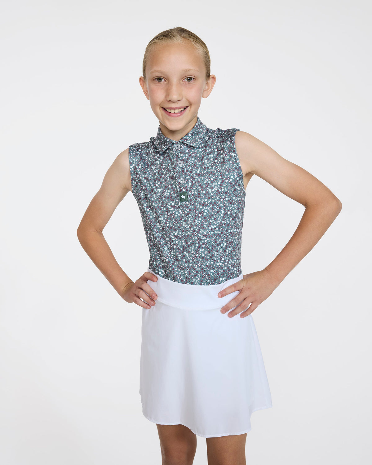 Bad Birdie Youth Polo - Ditsy Down - Dark Forest Sleeveless